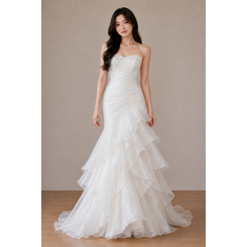 Organza Wedding Gown Women Size 4 White Beaded Ruffle‎ Mermaid Strapless